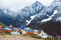 Dombay, Russia - September 2019 - view from the Mount Mussa-Achitara on hotels resort and snowy peaks