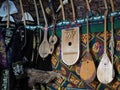 Dombra string instruments on the wall of Kazakh yurt