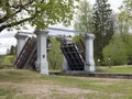 Dombrovka, Belarus - 16 May 2022: Draw bridge of Augustow canal. Shipping sluice. Hydraulic engineering installation