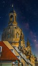 Dome ascent Frauenkirche Dresden against the starry sky. Modern design, contemporary art collage. Royalty Free Stock Photo