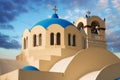 Dome and bell tower details of the main church in Emporio, Santorini Royalty Free Stock Photo