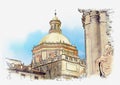 Dome of the Cathedral of Santa Agatha Catania in Sicily, Italy. Watercolor sketch