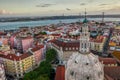 Dome of the church and rooftops of Lisbon Lapa basilica, aerial view