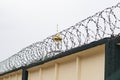 The dome with the cross of the Church on the background of barbed wire