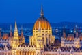 Dome of Hungarian parliament building at sunset, Budapest, Hungary Royalty Free Stock Photo