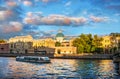 The dome of the Izmaylovsky Cathedral and the pleasure ship Royalty Free Stock Photo