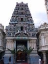 Dome with many colorful sculptures above the main entrance gate of Sri Maha Mariamman Temple