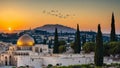 dome of the rock with Olive trees and the walls of Jerusalem, Al Aqsa, Palestine. Landscape view at sunset Royalty Free Stock Photo