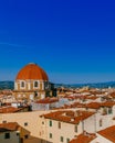 Dome of San Lorenzo Basilica under blue sky, over houses of the historical center of Florence, Italy