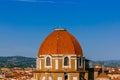 Dome of San Lorenzo Basilica under blue sky, over houses of the historical center of Florence, Italy