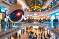 Security camera with red light in a busy shopping mall interior Royalty Free Stock Photo