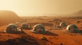 Dome-shaped metallic bases on the surface of the red planet. Scientific exploration of Mars. Barren landscape. Generative AI