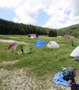 Dome tents in the mountains during a campsite of boyscouts Royalty Free Stock Photo