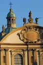 The dome and the three statues, placed on top, the cathedral of Vigevano near Pavia in Lombardy (Italy)