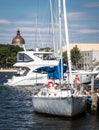 The dome of the US Naval Academy Chapel seen from the Annapolis Marina