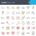 Handmade stroke vector love icons on white background filling with pastel color. Love is in the air - colorful sketchy st