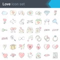 Hand drawn vector love icons isolated on white background with chalk colored filling. Colorful sketchy style love icons collection