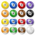 Billiard, snooker or pool balls with shadows, isolated on white background. High quality, photorealistic vector illustration. Royalty Free Stock Photo