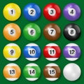 Vector collection of billiard pool or snooker balls with shadows, isolated on green background. Royalty Free Stock Photo