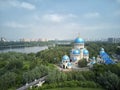 The domes of the Church of the Holy Trinity in Orekhovo-Borisovoon kashirskoe highway, Moscow, Russia. Aerial drone view