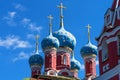 Domes of the Church of St Dmitry on the Blood. Beautiful Orthodox Church on the banks of the Volga, Kremlin Uglich, Russia Royalty Free Stock Photo