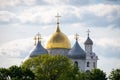Domes with crosses of the ancient church of St. Sophia. Most famous Orthodox church of Veliky Novgorod Royalty Free Stock Photo