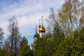 Domes with crosses in the forest against the blue sky. Russian Orthodox Church in the forest Royalty Free Stock Photo