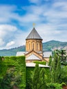 Domes of Metekhi church among green cypress trees in old town of Tbilisi, Georgia. Georgian Orthodox Christian church