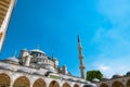 Domes and minarets of Sultanahmet or Blue Mosque from courtyard.