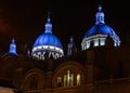 Domes of the New Cahtedral Catholic Church are illuminated in Cuenca, Ecuador