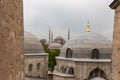 Domes of Saint Sophie Cathedral and Blue Mosque, from Saint Sophie, Istanbul, Turkey. Royalty Free Stock Photo