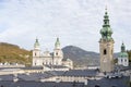 Domes and towers of the Salzburg Cathedral, two spires on Domplatz Square, Baroque architecture; Austria, Salzburg, October 28, 20