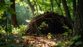A domeshaped shelter made of intertwined branches and twigs in a sundappled forest clearing Royalty Free Stock Photo