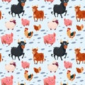 Domestic Animals Collection Farming Seamless Pattern