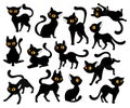 Domestic Animals Concept. A Set Of Black Cats With Yellow Eyes In Different Positions Isolated On White Background. Cute Royalty Free Stock Photo