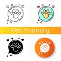 Domestic animals friendly area icon. Doggy and kitty welcome, pets allowed zone, cats and dogs permitted, paw print in