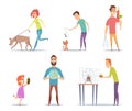 Domestic animals. Owners with their pets cat dog parrot happy characters with animals vector collection in cartoon style Royalty Free Stock Photo