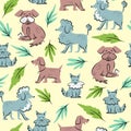 Domestic animals, pets. Seamless pattern with funny dog and leaves. Hand drawn cartoon illustration