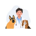 Domestic animals treatment concept. Smiling vet doctor with dogs. Happy male veterinarian. Flat vector cartoon illustration