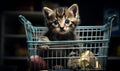 Domestic baby cat in mini shopping busket. Small kitty sitting in the cart. generative ai