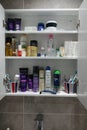 Domestic bathroom cabinet with beauty products on view Royalty Free Stock Photo