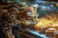 Domestic Bengal Cat Eyeing Freshly Baked Pastries Through Glass at Bakery Display Royalty Free Stock Photo