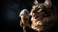 Domestic cat enjoying a delicious ice cream cone treat, AI-generated.