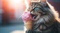 Domestic cat enjoying a delicious ice cream cone treat, AI-generated.