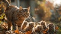 A domestic cat and her kittens play in a pile of leaves