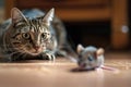 Domestic cat hunting to mouse at home, portrait of young kitty before pounce, face of happy pet playing with food in house. Royalty Free Stock Photo