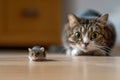 Domestic cat hunting to mouse at home, young kitty face before pounce, happy pet playing with food in house. Concept of attack,