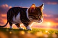 Domestic cat outdoor hunting at the meadow. Photorealistic AI generated