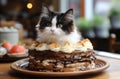 Domestic cat peeking out from a layered cake on a plate, AI-generated.