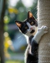 A domestic cat scratching its scratching post